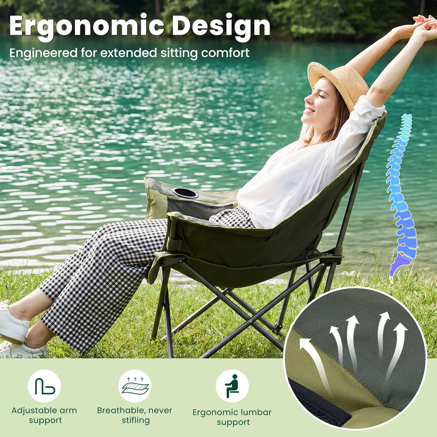 Folding Camping Chair with Steel Frame, Cup Holders & Side Pockets