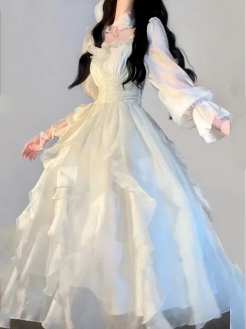 Elegant Solid Ruffles Fairy Dresses Korean Fashion Slim Wasit A Line Midi Dress Spring Summer Women Princess Party Vestidos