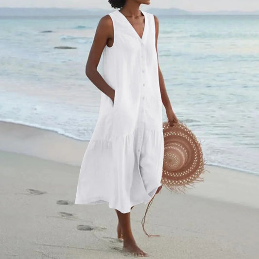 DressBetty - 2024 Elegant Solid Shirt Summer Sleeveless V Neck Harajuku Maxi Dress