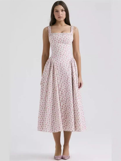 Flower Print Spaghetti Strap Dresses Women Fashion Sexy Backless Low Cut Folds Vacation Style Slim Midi Dress Female Vestidos