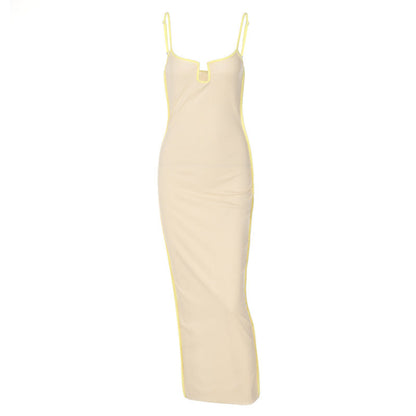 Bright Line Decoration Slip Backless U Neck Skinny Maxi Dress Bodycon Y2K Streetwear Outfits