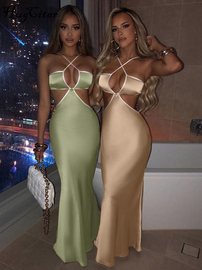 Voguable Halter Backless Sleeveless Hollow Out Revealing Maxi Dress Bodycon Streetwear Party Club Outfits Y2K