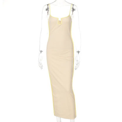 Bright Line Decoration Slip Backless U Neck Skinny Maxi Dress Bodycon Y2K Streetwear Outfits