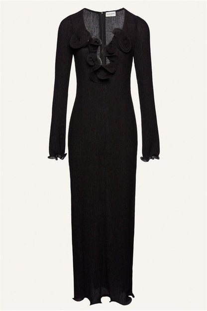 3D Flower Long Sleeve V-Neck Split Maxi Dress Black