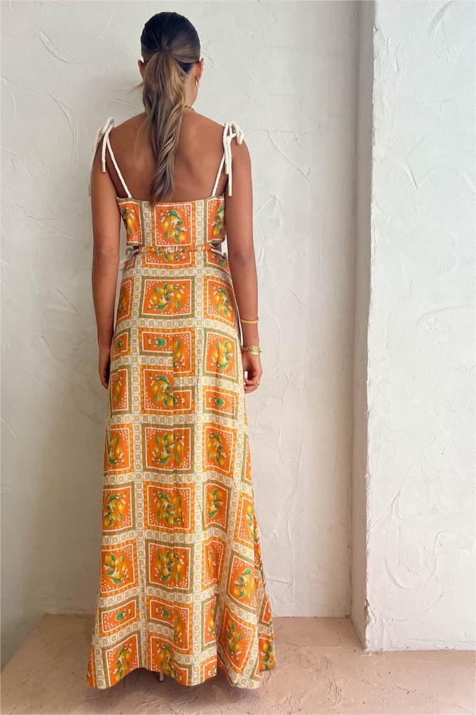Fruit Print Sleeveless Midi Dress