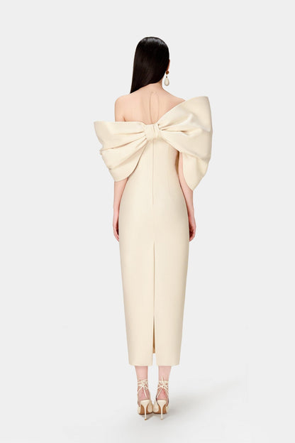 Bow Off-Shoulder Asymmetrical Midi Dress