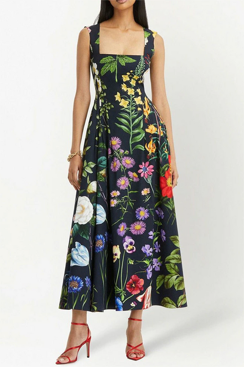 Floral Rhinestone Embroidered Sleeveless Midi Dress