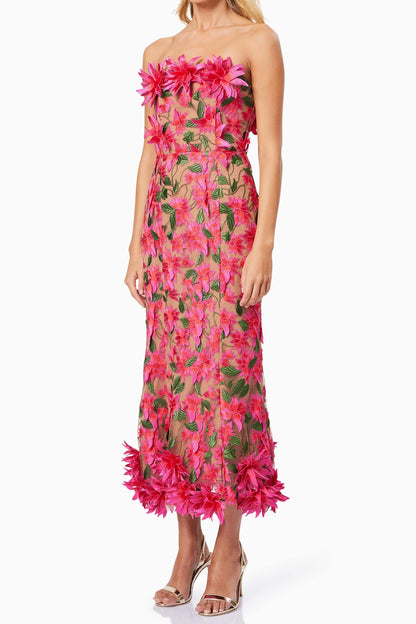 Embroidered 3D Flower Off-Shoulder Midi Dress