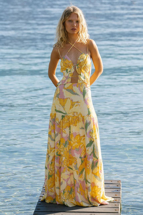 Floral Frill Gathering Maxi Dress