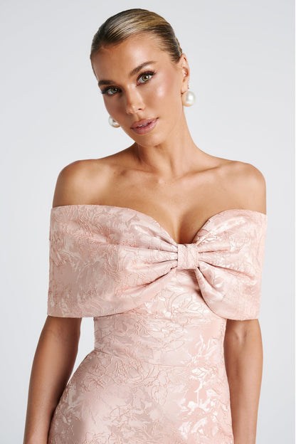 Bow Jacquard Off-Shoulder Maxi Dress