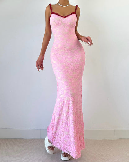 Bowknot lace ruffle v neck cami maxi dress  | Festival Outfits Women