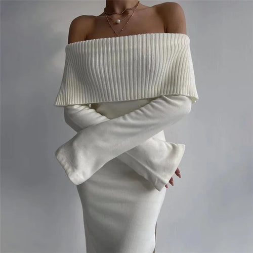 DressBetty - 2024 Off-Shoulder Lapel Neck Sexy Long Sleeve Maxi Dress