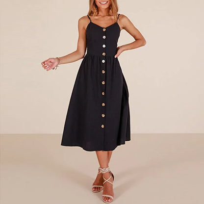 Suspender Button Backless V-Neck Midi Dress