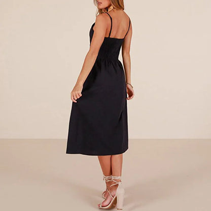 Suspender Button Backless V-Neck Midi Dress