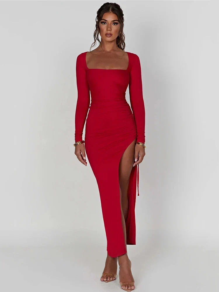 DressBetty - 2024 Square Collar Drawstring High Split Maxi Dress Elegant Autumn Cut Out Dresses