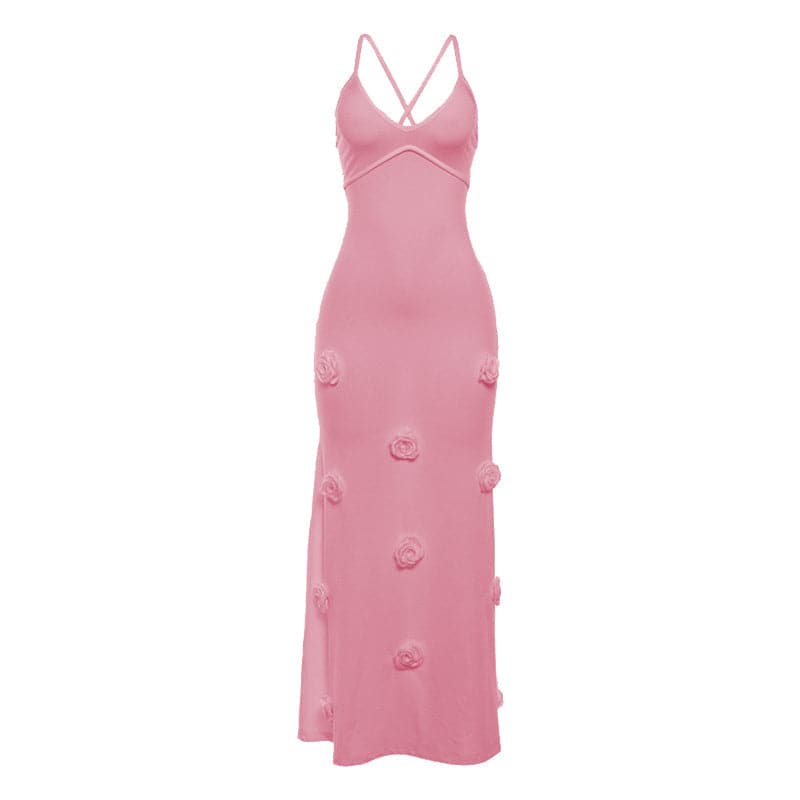 V neck flower applique cross back cami maxi dress  | Festival Outfits Women