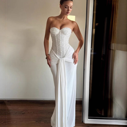 Ribbon Slim-fit Sequined Tube Top Midi Dress