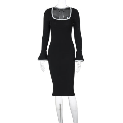Women Clothing Winter Square Collar Contrast Color Knitted Midi Dress Bell Sleeve Sheath Dress Women