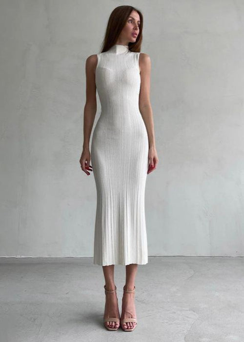 Ivory Ribbed Sleeveless Midi Dress
