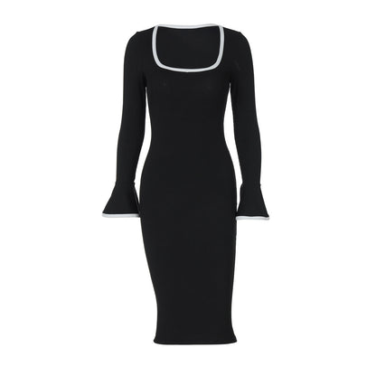 Women Clothing Winter Square Collar Contrast Color Knitted Midi Dress Bell Sleeve Sheath Dress Women