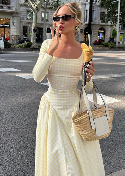 Pink Gingham Long Sleeve Midi Dress – Vintage Square Neck Fit and Flare