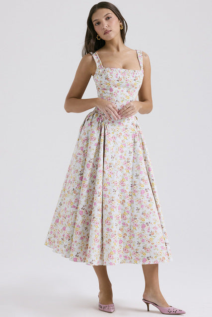 Flower Print Spaghetti Strap Dresses Women Fashion Sexy Backless Low Cut Folds Vacation Style Slim Midi Dress Female Vestidos