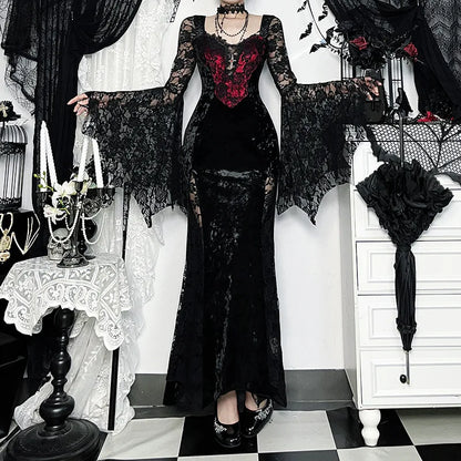 Embellished Gothic Velvet Midi Dress