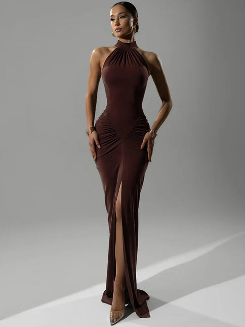 Ruched Halter Split Maxi Dress