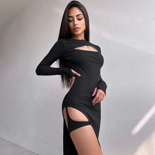Hollow Split Knit Y2K Midi Dress