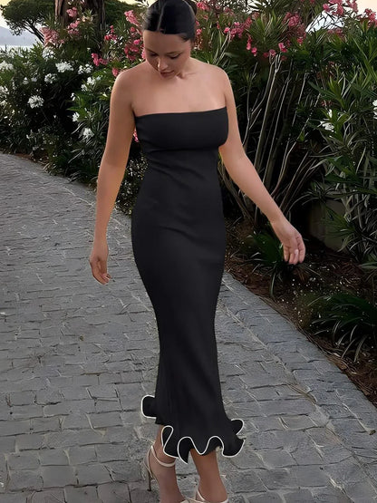 Sleeveless Ruffles Patchwork Bodycon Midi Dress