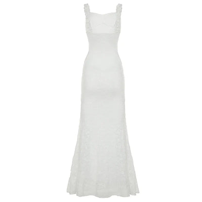 Boho Chic Women Floor-Length Fishtail Dress White Lace Elegant Sexy Sleeveless Bodycon Maxi Dress Summer Clubwear