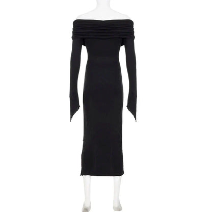 French Elegant Off Shoulder Midi Dress Y2K Black Gothic Irregular Split Long Sleeve Dress Ladies Beach Slim Party Vestidos