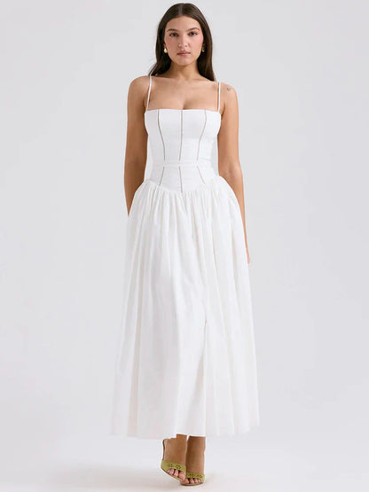 White Spaghetti Strap Backless Midi Dress