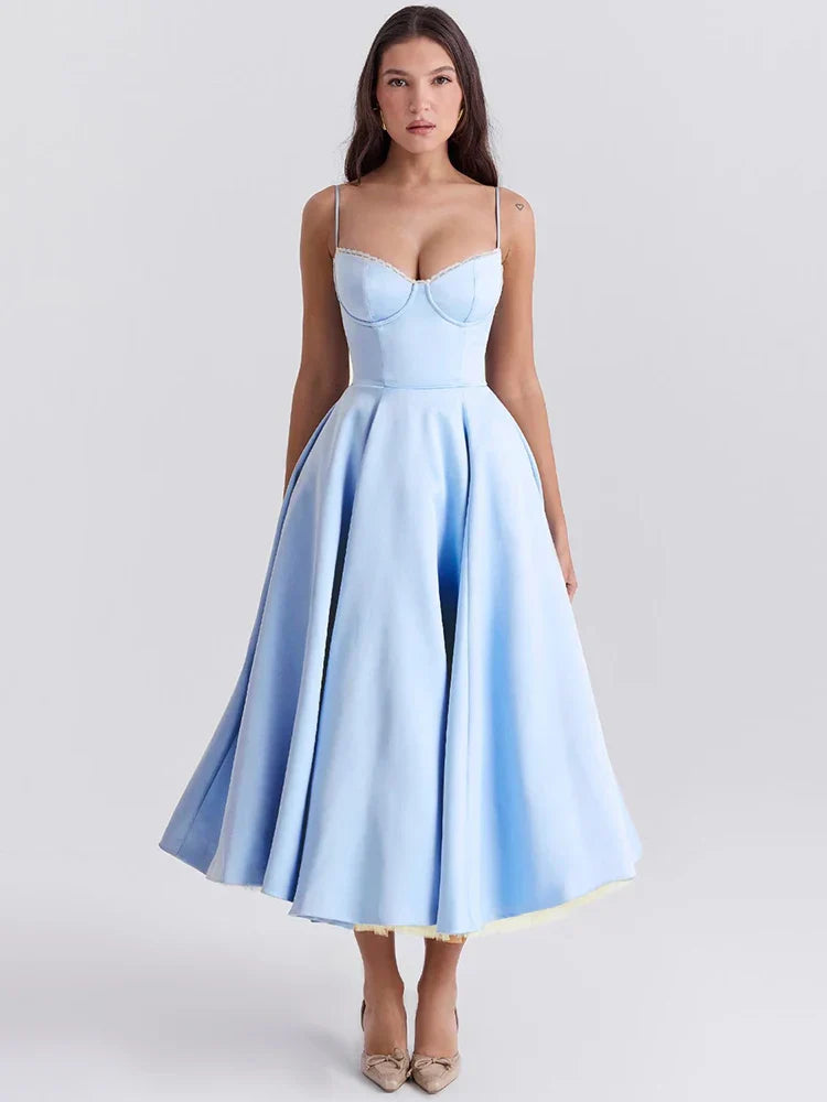 A-line Backless Spaghetti Strap Midi Dress