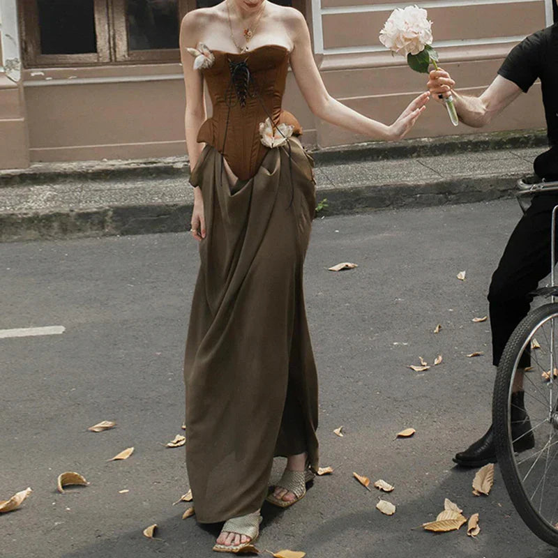 Sexy Women Butterfly Detail Strapless Long Dress Aesthetic Chic Detachable Corset Top Vintage Elegant Maxi Dresses