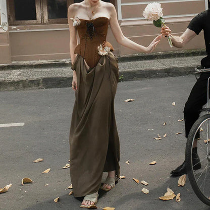 Sexy Women Butterfly Detail Strapless Long Dress Aesthetic Chic Detachable Corset Top Vintage Elegant Maxi Dresses