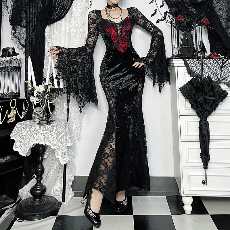 Embellished Gothic Velvet Midi Dress