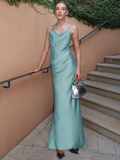 Satin Swing Collar Ruched Maxi Dress