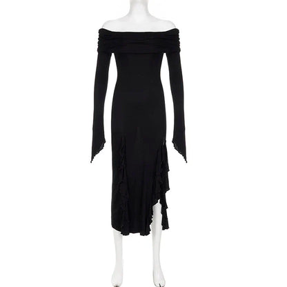 French Elegant Off Shoulder Midi Dress Y2K Black Gothic Irregular Split Long Sleeve Dress Ladies Beach Slim Party Vestidos
