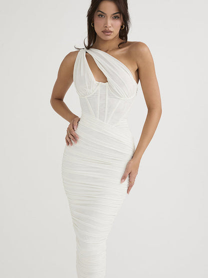 Elegant One Shoulder Ruched Midi Dress For Women Club Party Outfits Summer New Sleeveless Backless Bodycon Long Dress