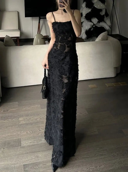 Voguable Black Party Midi Dress See-through Strap Y2k Dress FeLace Chic Korean Slim Vintage Dress New