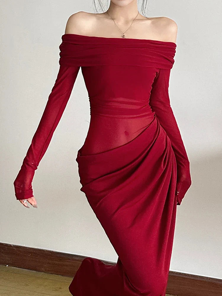Mesh Slash Neck Patchwork Maxi Dress