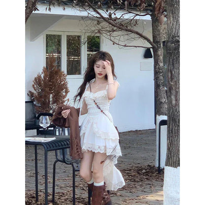 Voguable Y2K 2000S Irregular Midi Dress Fairy Lace Patchwork Strap One Pieces Dresses Vacation Korean Bodycon Vestidos