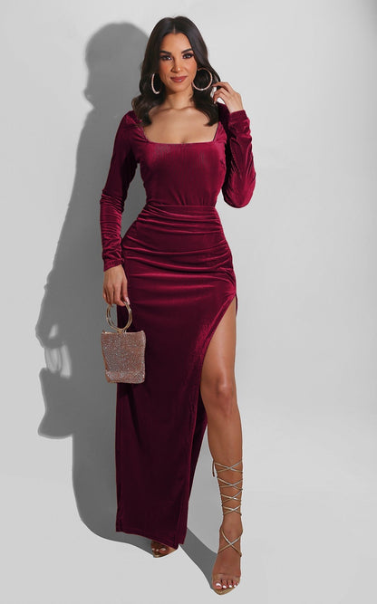 DressBetty - Elegant Velvet High Waist Slit Maxi Dress Sexy Long Sleeve Evening Party Dress