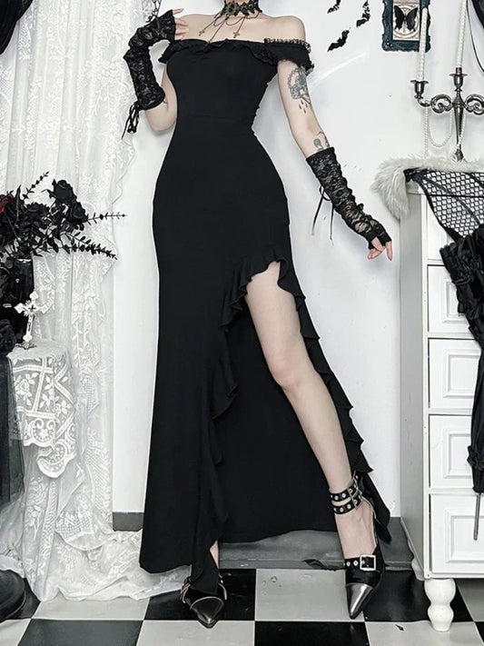 Alt Goth Coquette Off Shoulder Lace Maxi Dress