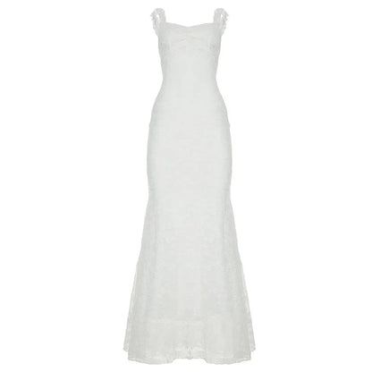 Boho Chic Women Floor-Length Fishtail Dress White Lace Elegant Sexy Sleeveless Bodycon Maxi Dress Summer Clubwear