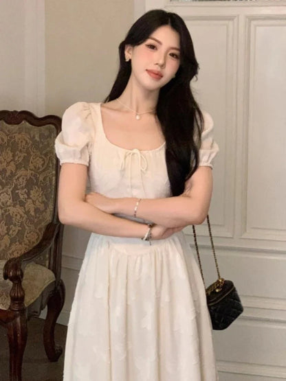 Elegant Midi Dresses for Women Summer New Puff Sleeve Square Collar A-line Casual Birthday Party Dress Korean One Piece Vestido