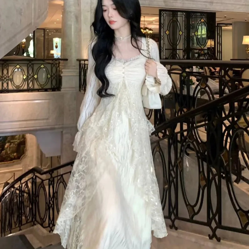 Autumn Winter New Elegant Midi Dresses for Women Lace Ruffles Flare Sleeve A-line Birthday Party Dress Korean Vestidos Mujer