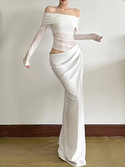 Mesh Patchwork Slash Neck Maxi Dress