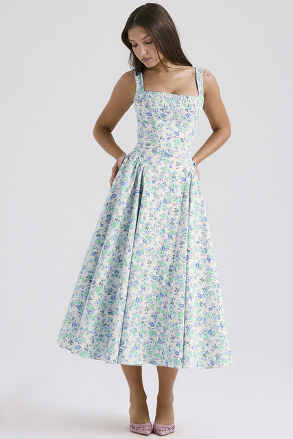Flower Print Spaghetti Strap Dresses Women Fashion Sexy Backless Low Cut Folds Vacation Style Slim Midi Dress Female Vestidos